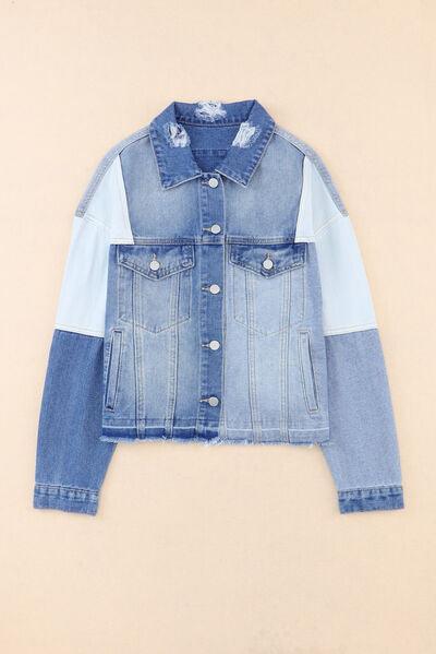 Color Block Distressed Button Up Denim Jacket - Immenzive