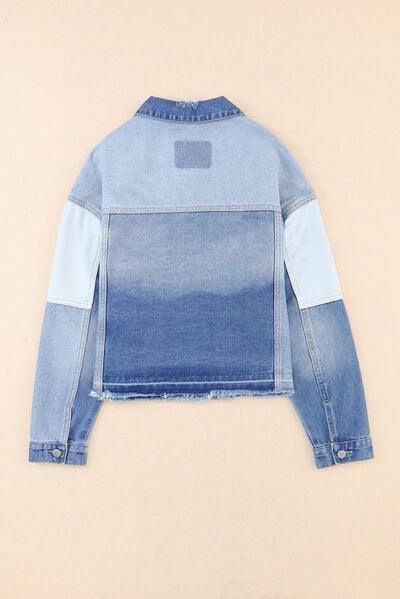 Color Block Distressed Button Up Denim Jacket - Immenzive