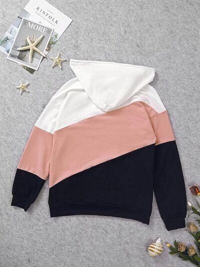 Color Block Drawstring Pocketed Hoodie - Immenzive
