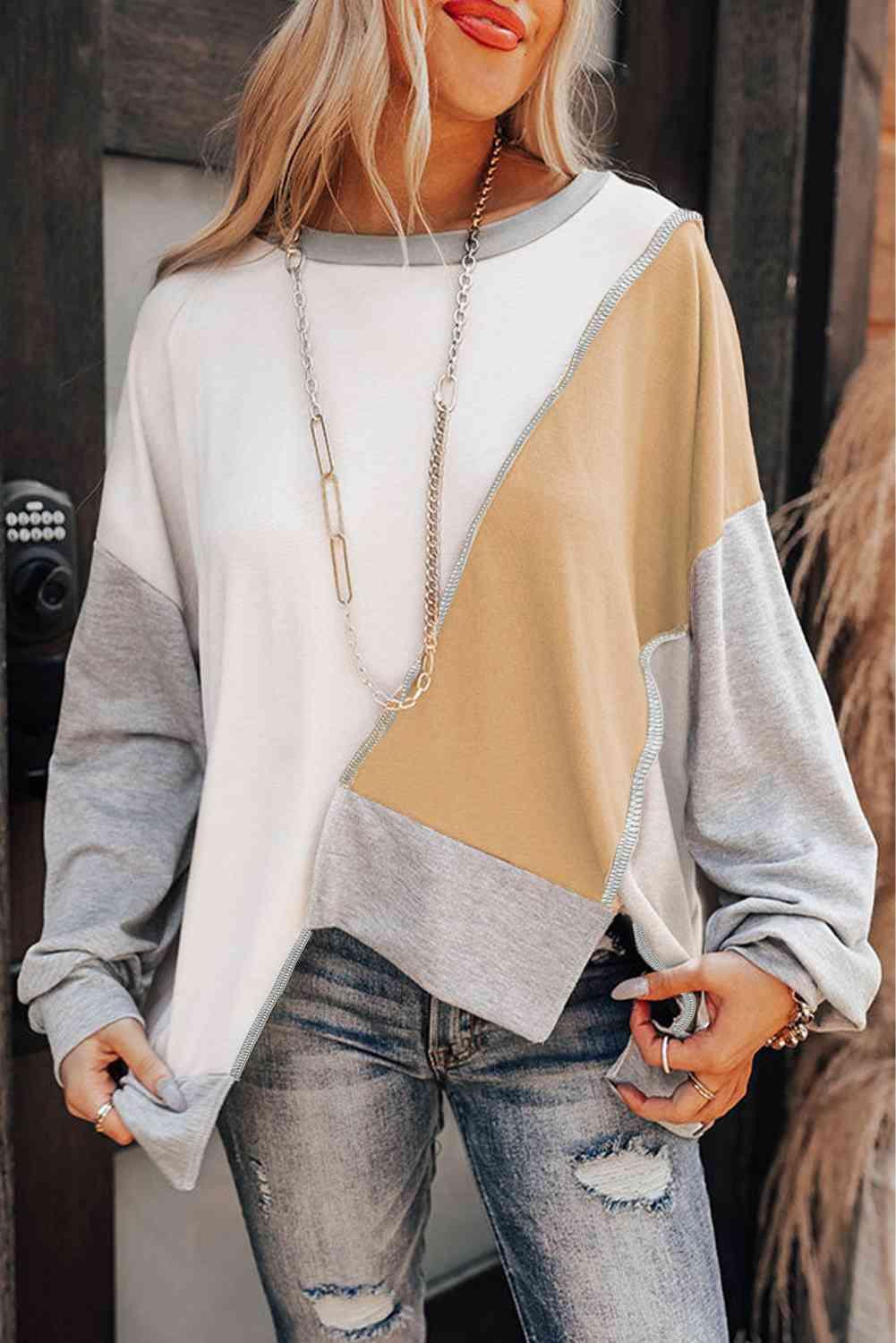 Color Block Exposed Seam Asymmetrical Sweatshirt - Immenzive