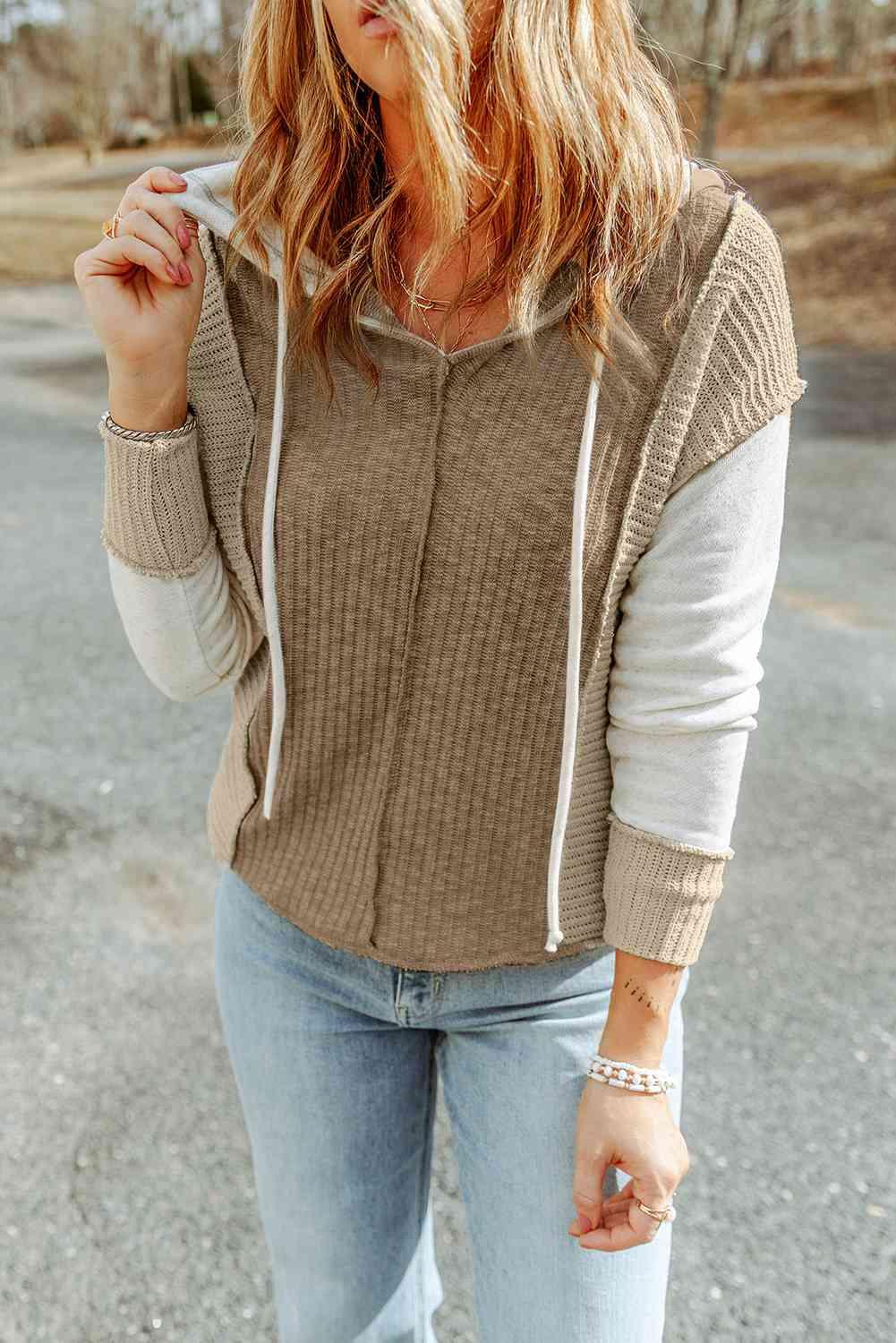 Color Block Exposed Seam Drawstring Hoodie - Immenzive