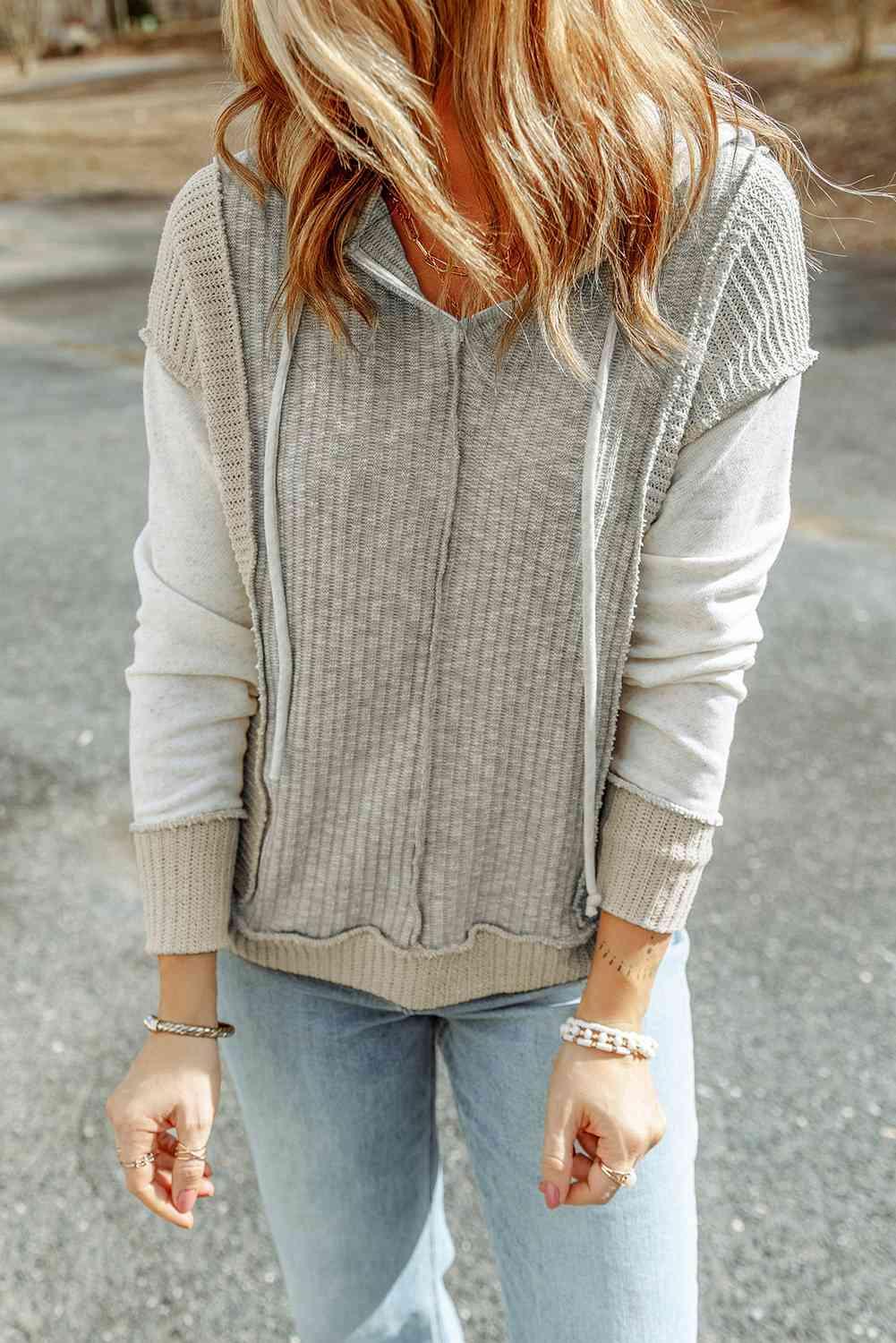 Color Block Exposed Seam Drawstring Hoodie - Immenzive