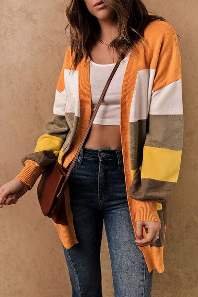 Color Block Lantern Sleeve Open Front Cardigan with Pockets - Immenzive