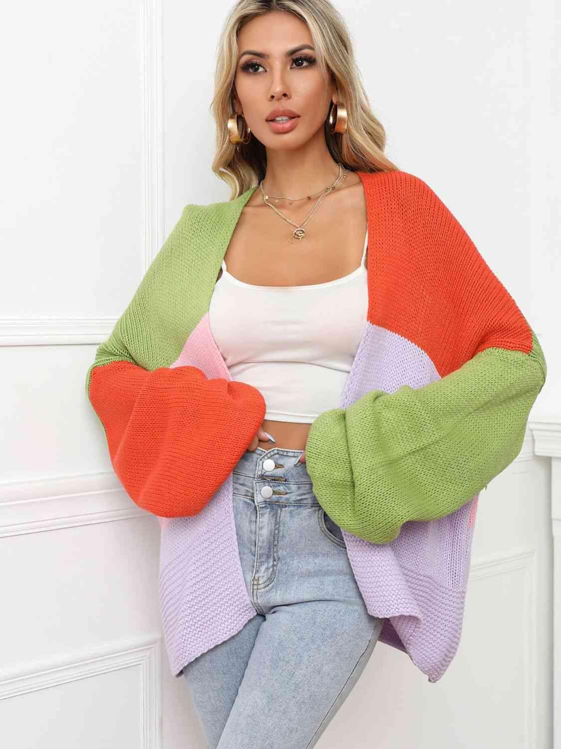 Color Block Open Front Balloon Sleeve Longline Cardigan - Immenzive