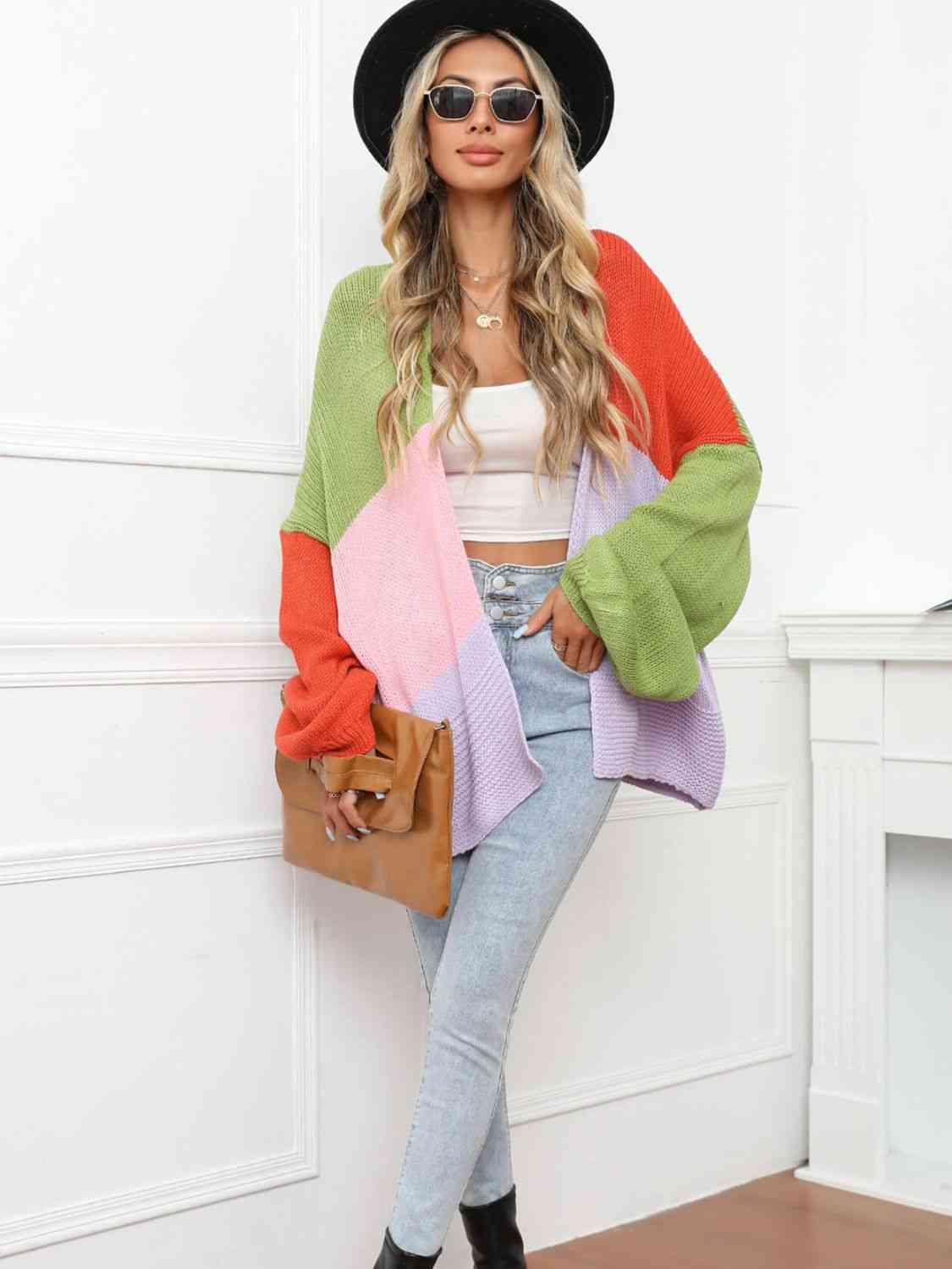 Color Block Open Front Balloon Sleeve Longline Cardigan - Immenzive