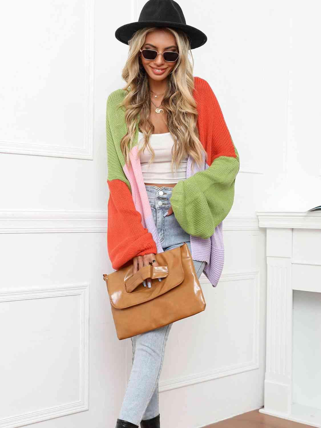 Color Block Open Front Balloon Sleeve Longline Cardigan - Immenzive