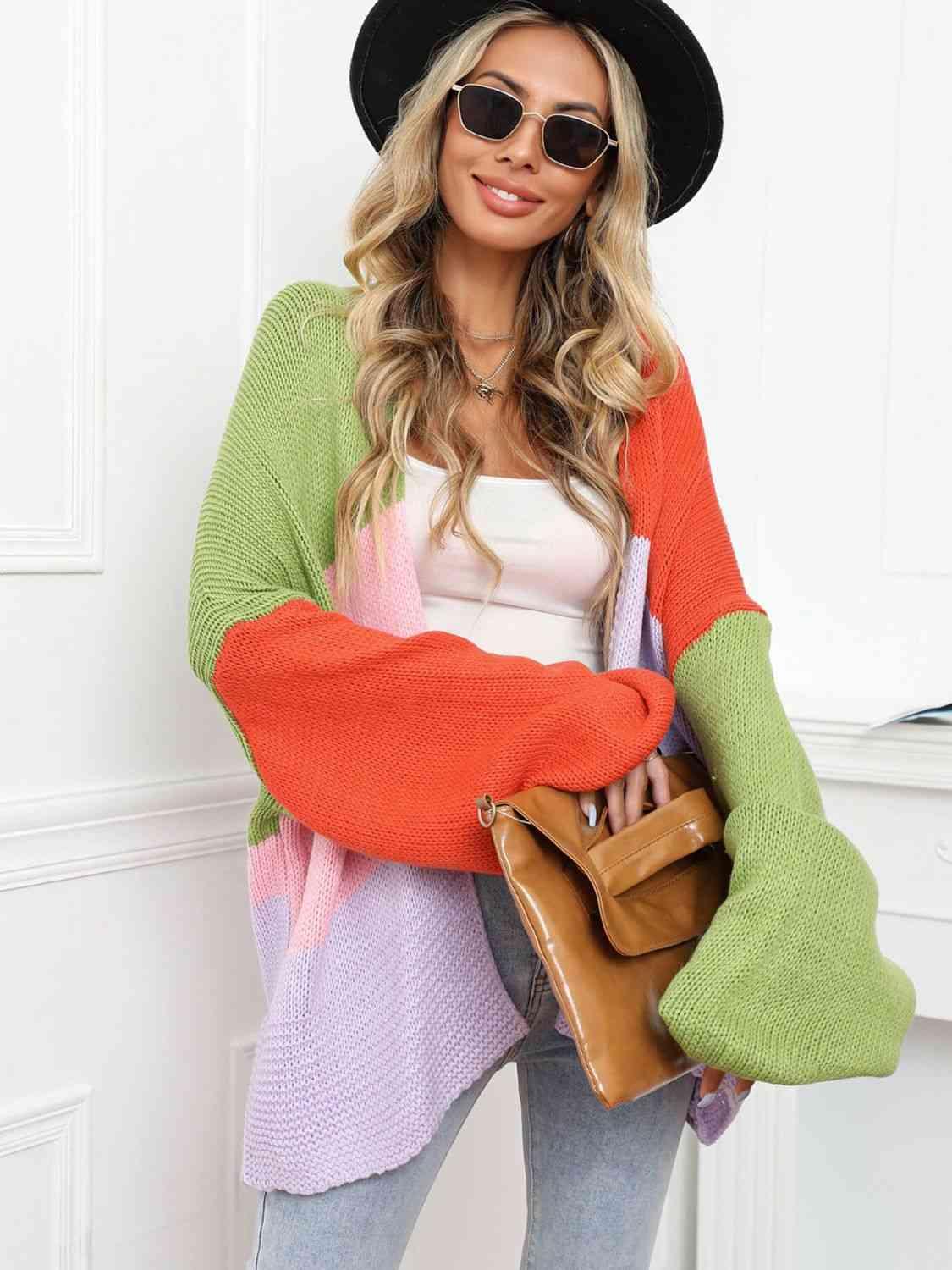 Color Block Open Front Balloon Sleeve Longline Cardigan - Immenzive