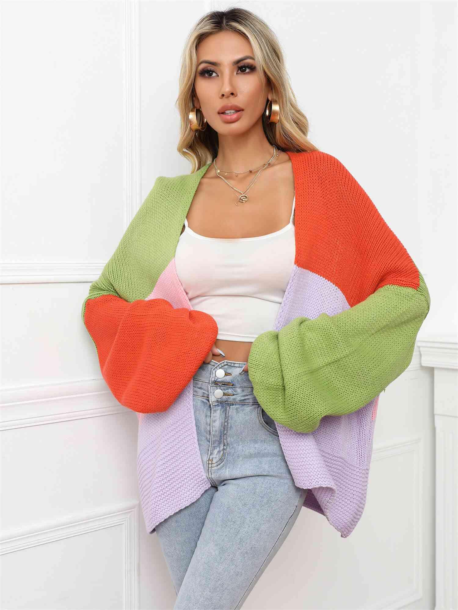Color Block Open Front Balloon Sleeve Longline Cardigan - Immenzive