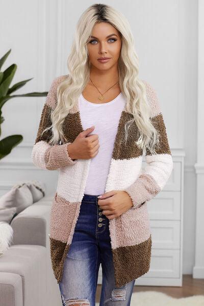Color Block Open Front Pocketed Cardigan - Immenzive