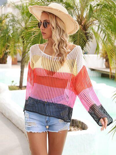Color Block Openwork Boat Neck Cover Up - Immenzive