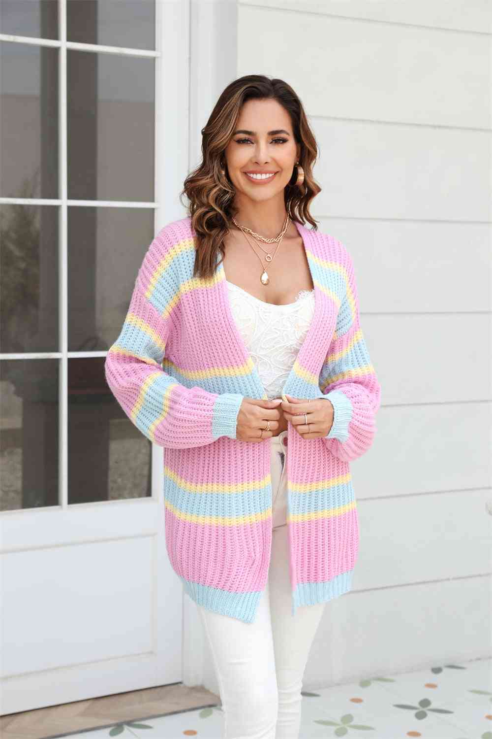 Color Block Ribbed Dropped Shoulder Open Front Cardigan - Immenzive