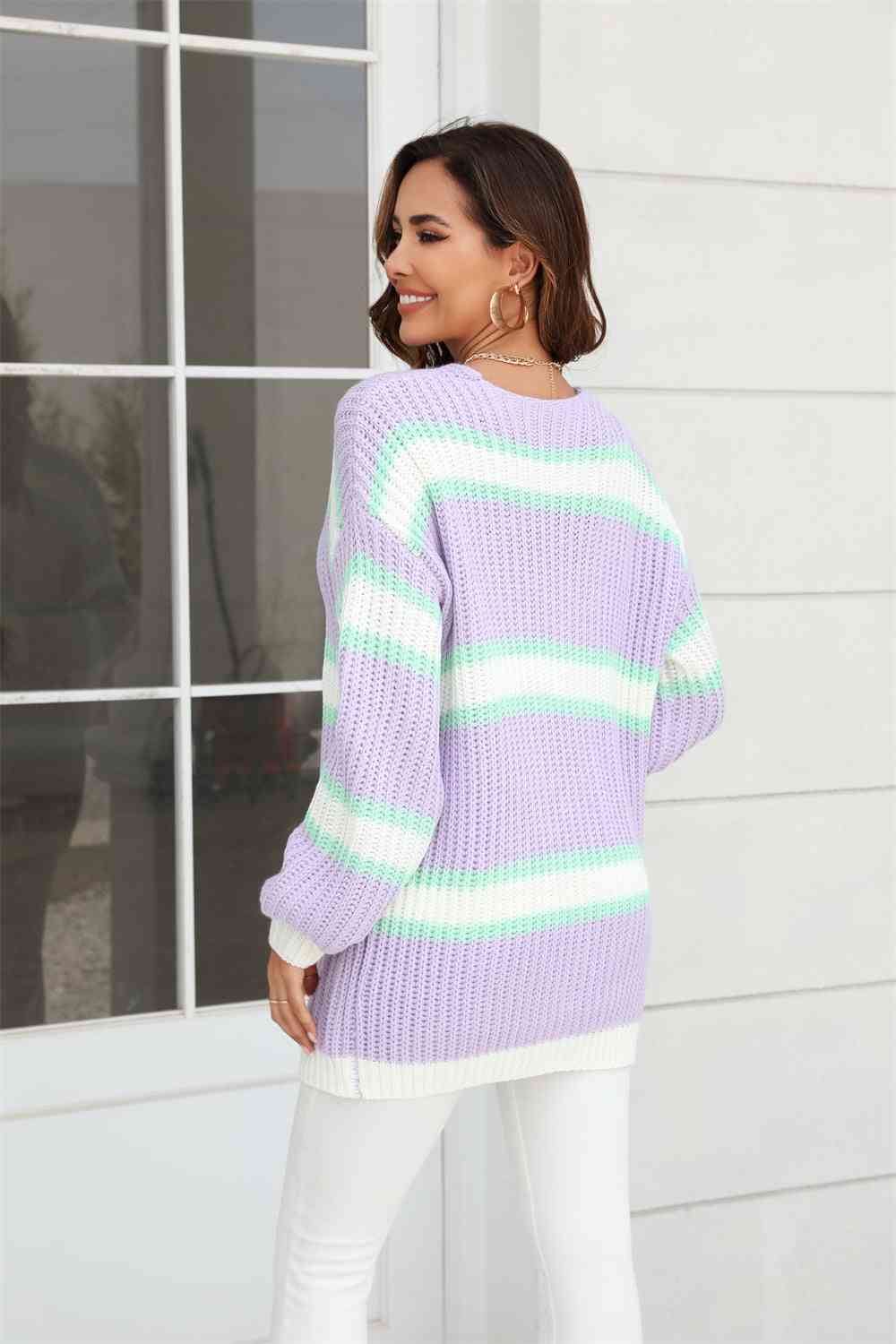 Color Block Ribbed Dropped Shoulder Open Front Cardigan - Immenzive