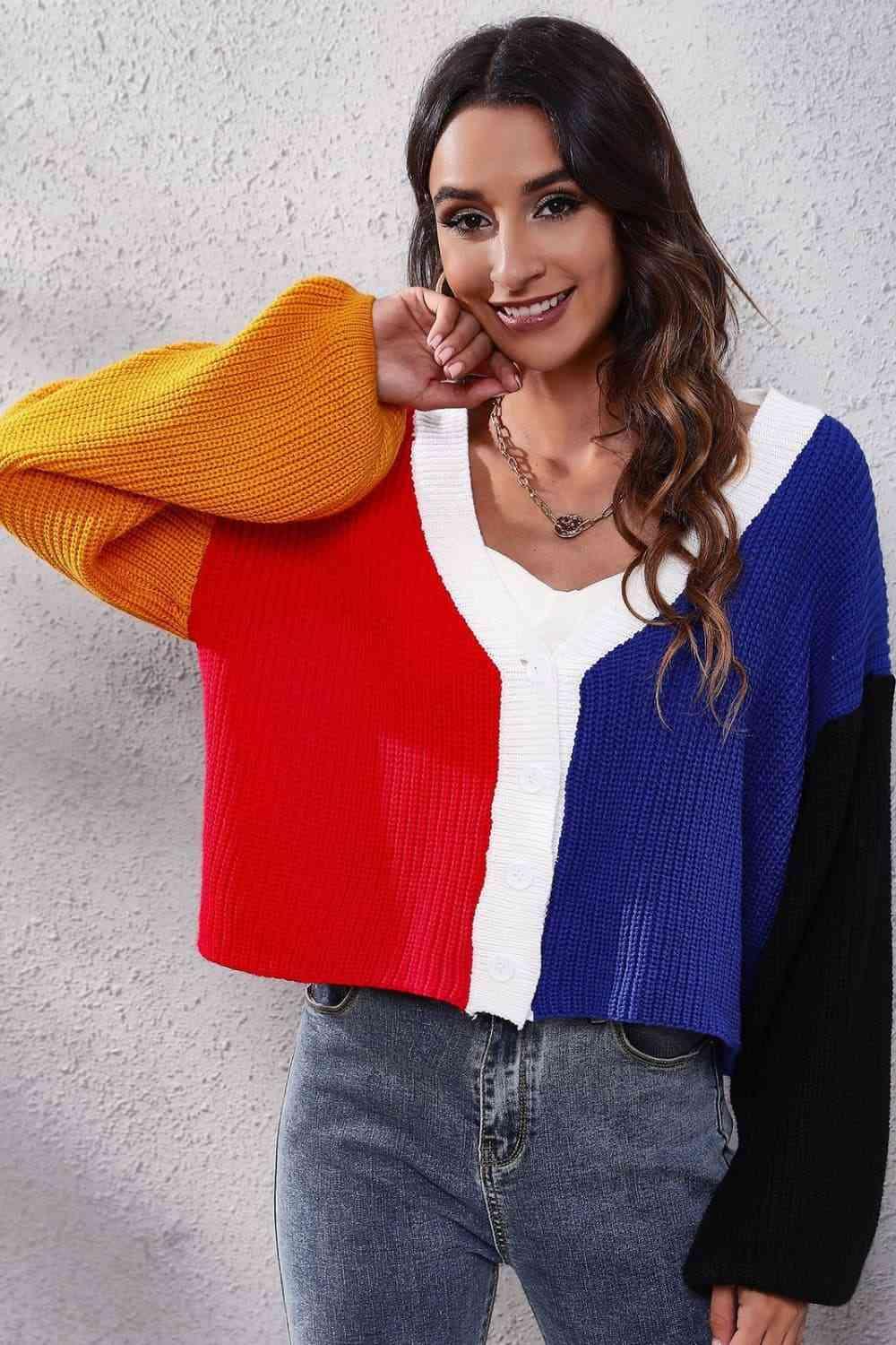 Color Block Ribbed Long Sleeve Cardigan - Immenzive