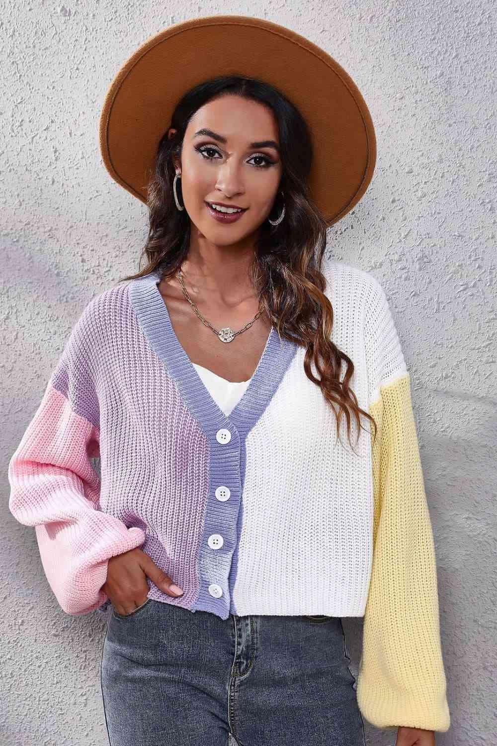 Color Block Ribbed Long Sleeve Cardigan - Immenzive