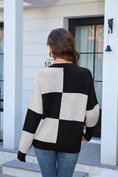 Color Block Round Neck Dropped Shoulder Sweater - Immenzive