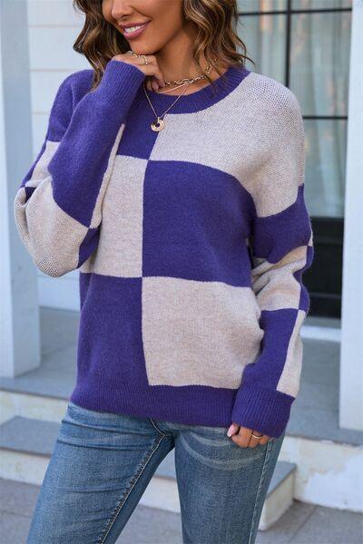 Color Block Round Neck Dropped Shoulder Sweater - Immenzive