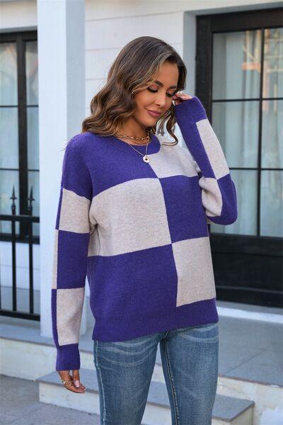 Color Block Round Neck Dropped Shoulder Sweater - Immenzive