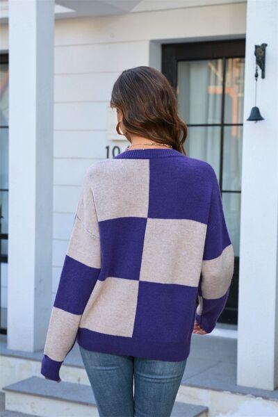 Color Block Round Neck Dropped Shoulder Sweater - Immenzive