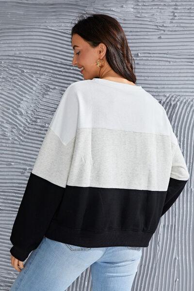Color Block Round Neck Long Sleeve Sweatshirt - Immenzive