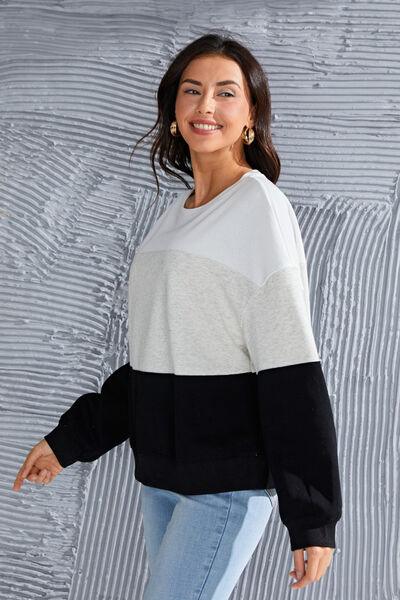 Color Block Round Neck Long Sleeve Sweatshirt - Immenzive