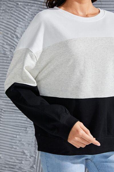 Color Block Round Neck Long Sleeve Sweatshirt - Immenzive