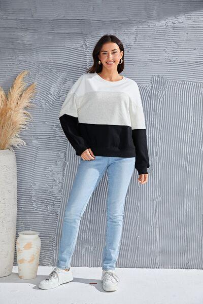 Color Block Round Neck Long Sleeve Sweatshirt - Immenzive