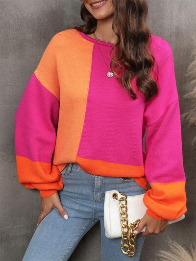 Color Block Round Neck Sweater - Immenzive