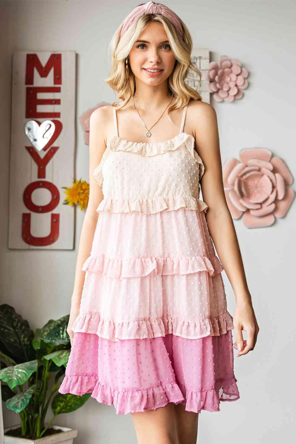 Color Block Swiss Dot Ruffled Tiered Spaghetti Strap Dress - Immenzive