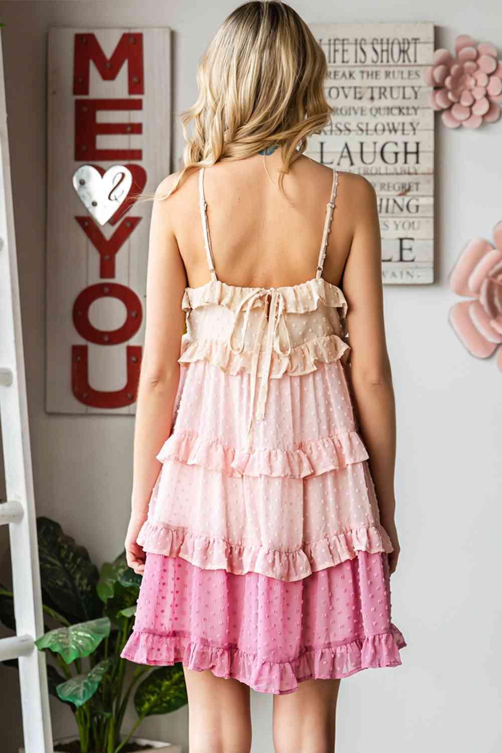 Color Block Swiss Dot Ruffled Tiered Spaghetti Strap Dress - Immenzive