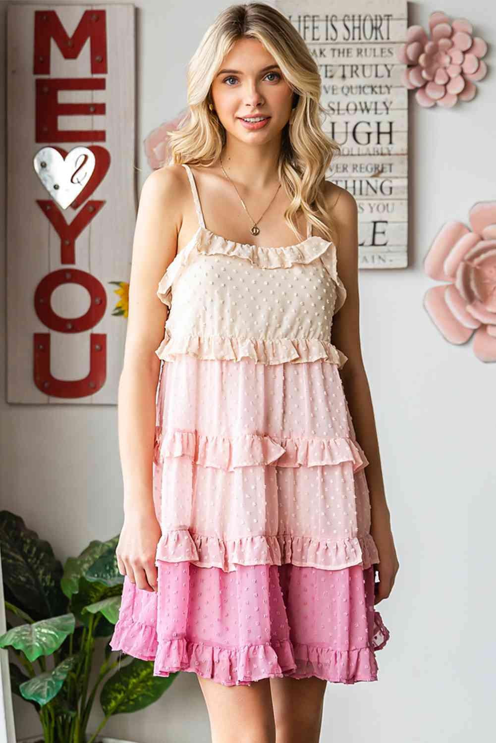 Color Block Swiss Dot Ruffled Tiered Spaghetti Strap Dress - Immenzive
