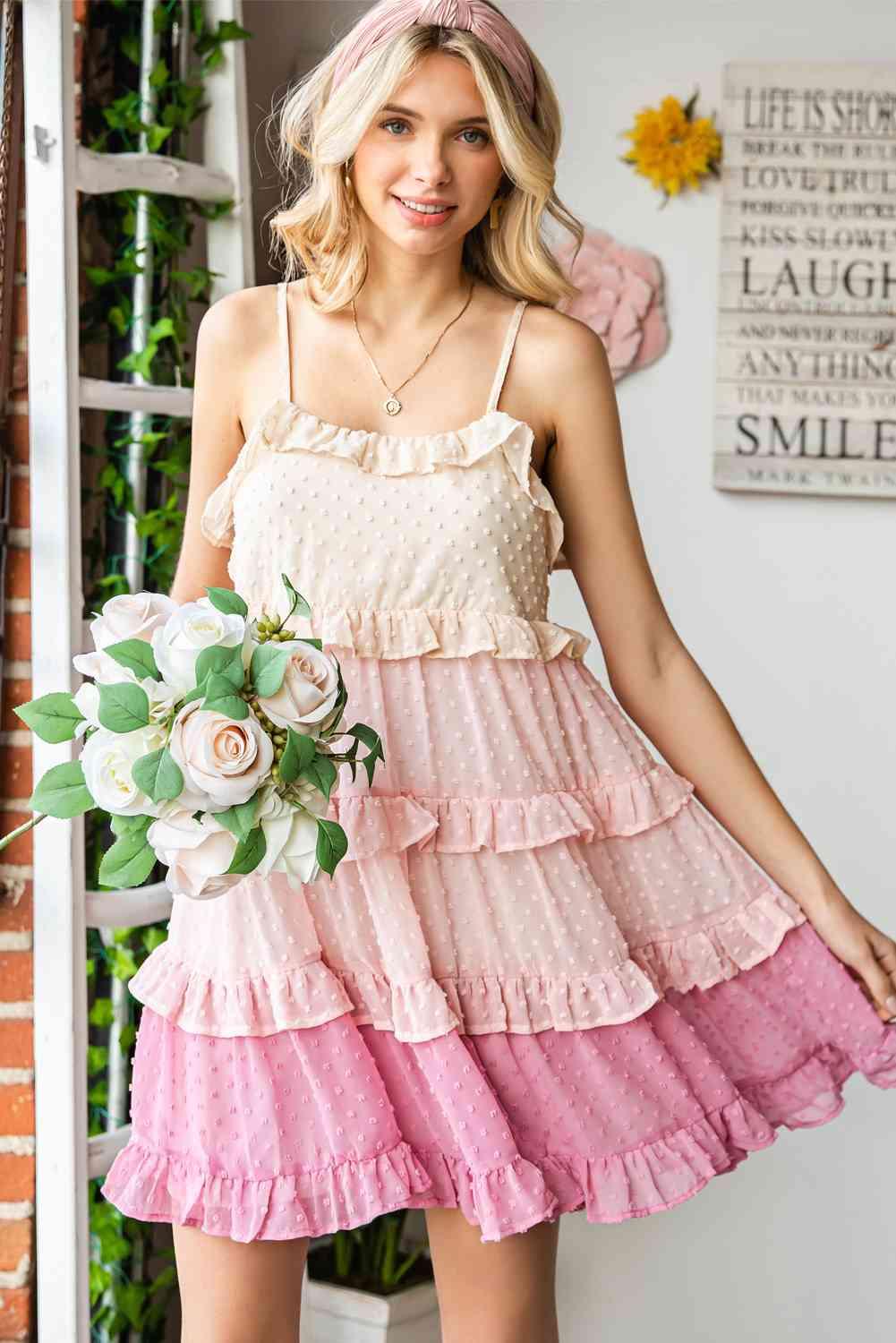Color Block Swiss Dot Ruffled Tiered Spaghetti Strap Dress - Immenzive