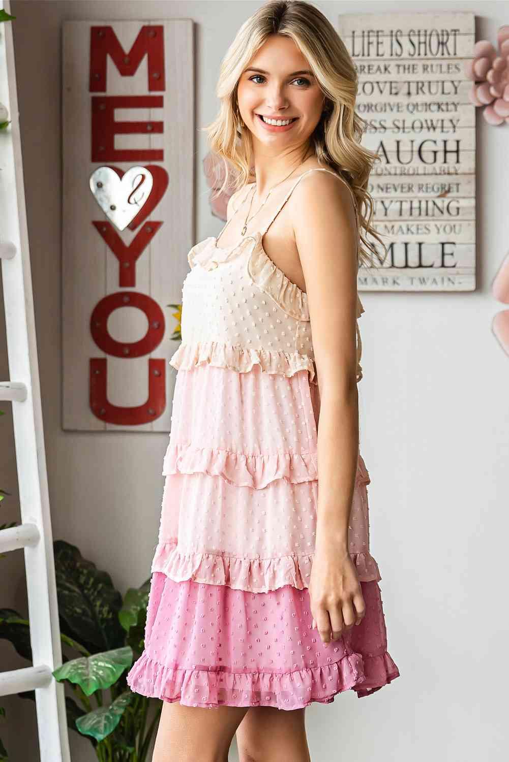 Color Block Swiss Dot Ruffled Tiered Spaghetti Strap Dress - Immenzive