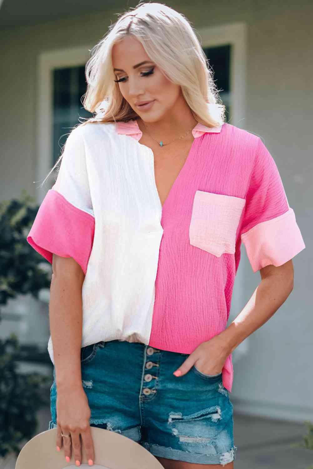 Color Block Textured Johnny Collar Blouse - Immenzive