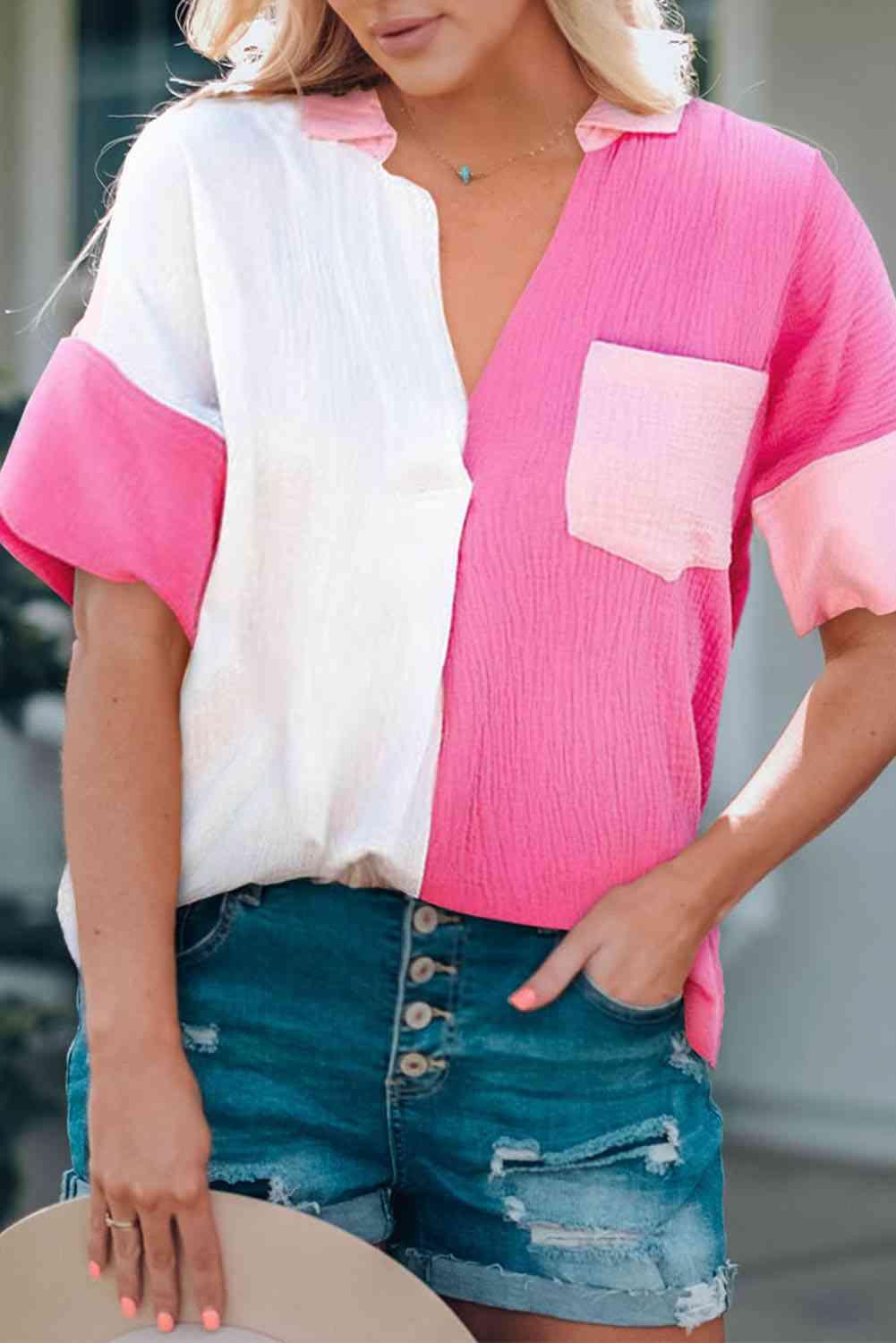 Color Block Textured Johnny Collar Blouse - Immenzive