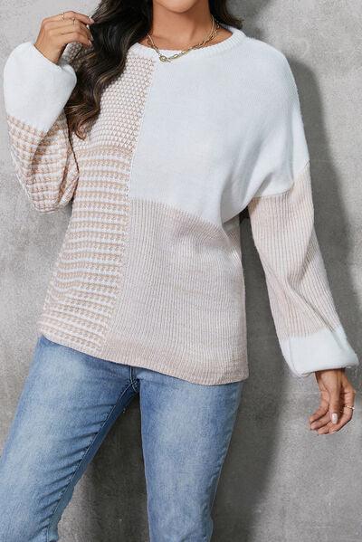 Color Block Tied Dropped Shoulder Sweater - Immenzive