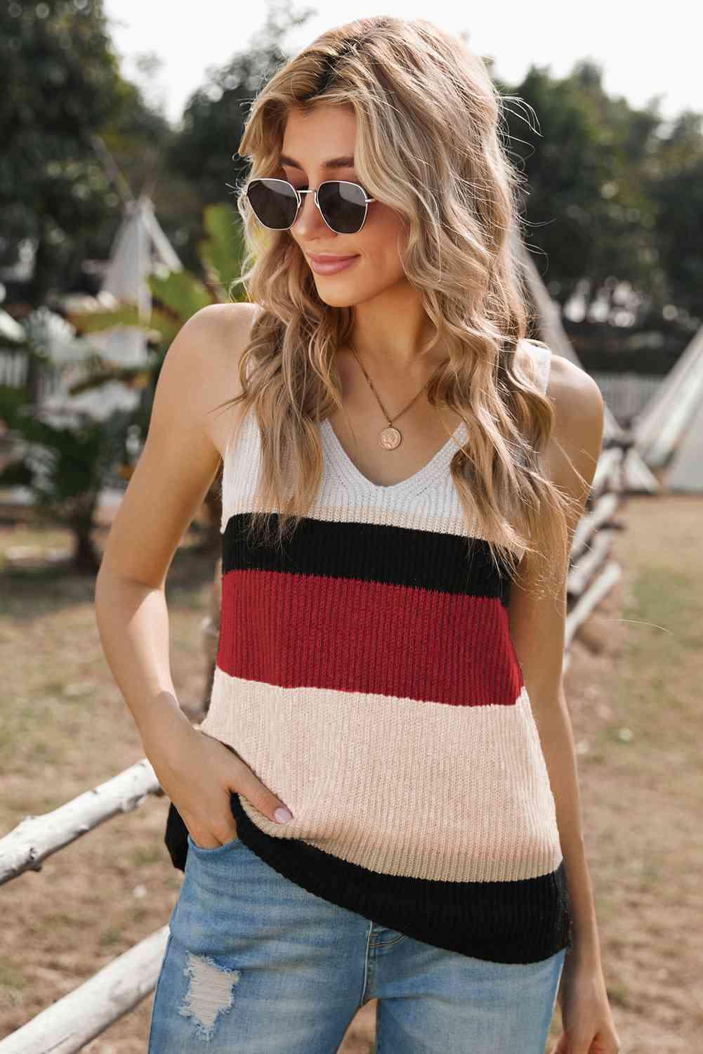 Color Block V-Neck Rib-Knit Tank - Immenzive