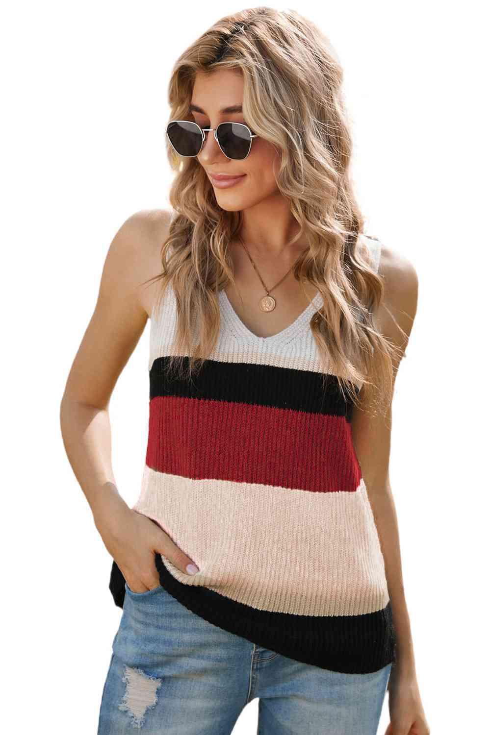 Color Block V-Neck Rib-Knit Tank - Immenzive