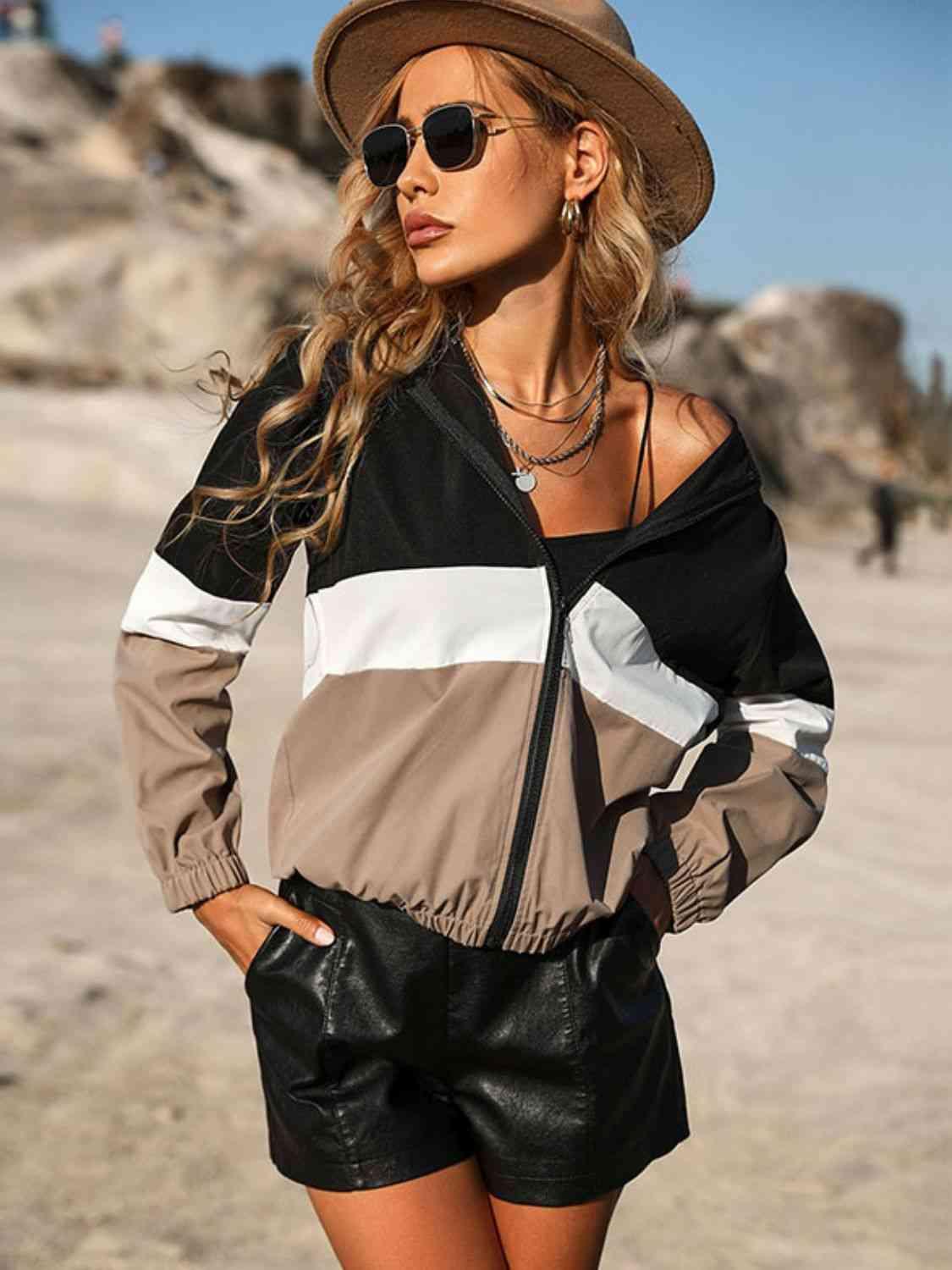 Color Block Zip Up Hooded Jacket - Immenzive