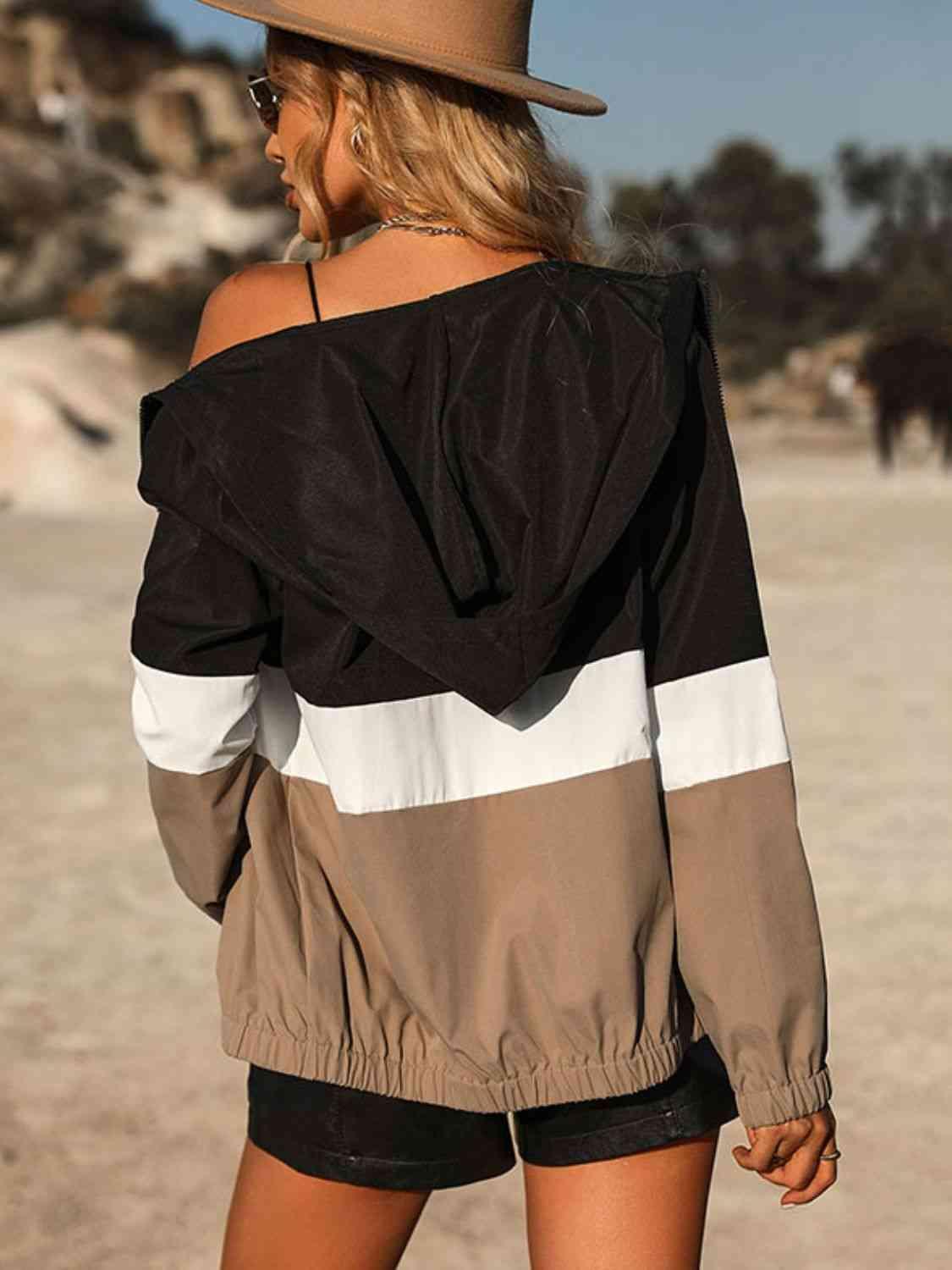 Color Block Zip Up Hooded Jacket - Immenzive
