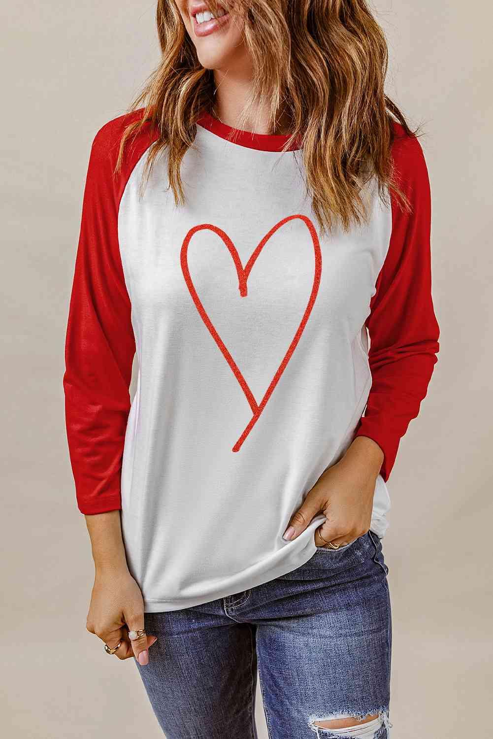 Contrast Baseball Sleeve Heart Graphic Top - Immenzive