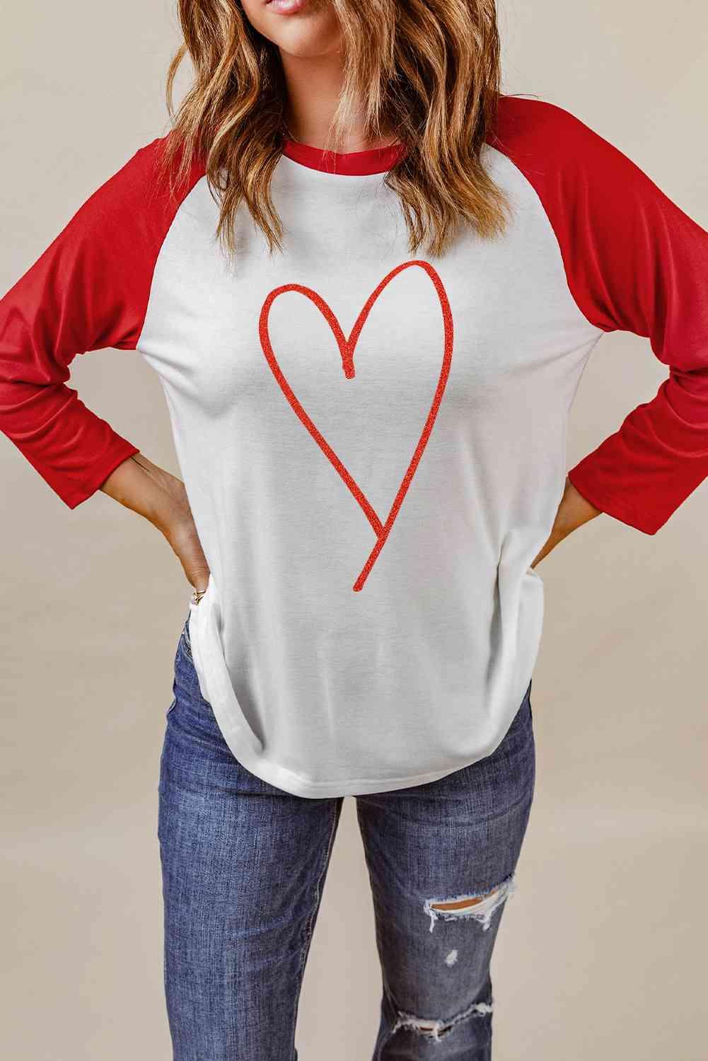 Contrast Baseball Sleeve Heart Graphic Top - Immenzive