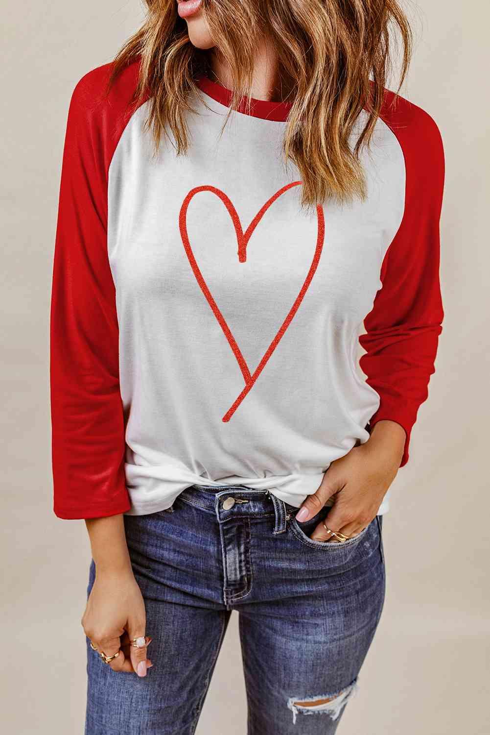 Contrast Baseball Sleeve Heart Graphic Top - Immenzive