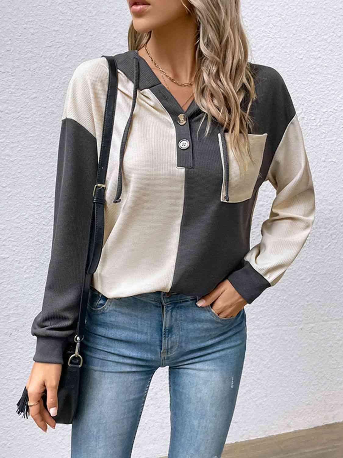 Contrast Color Button-Up Raglan Sleeve Hoodie - Immenzive