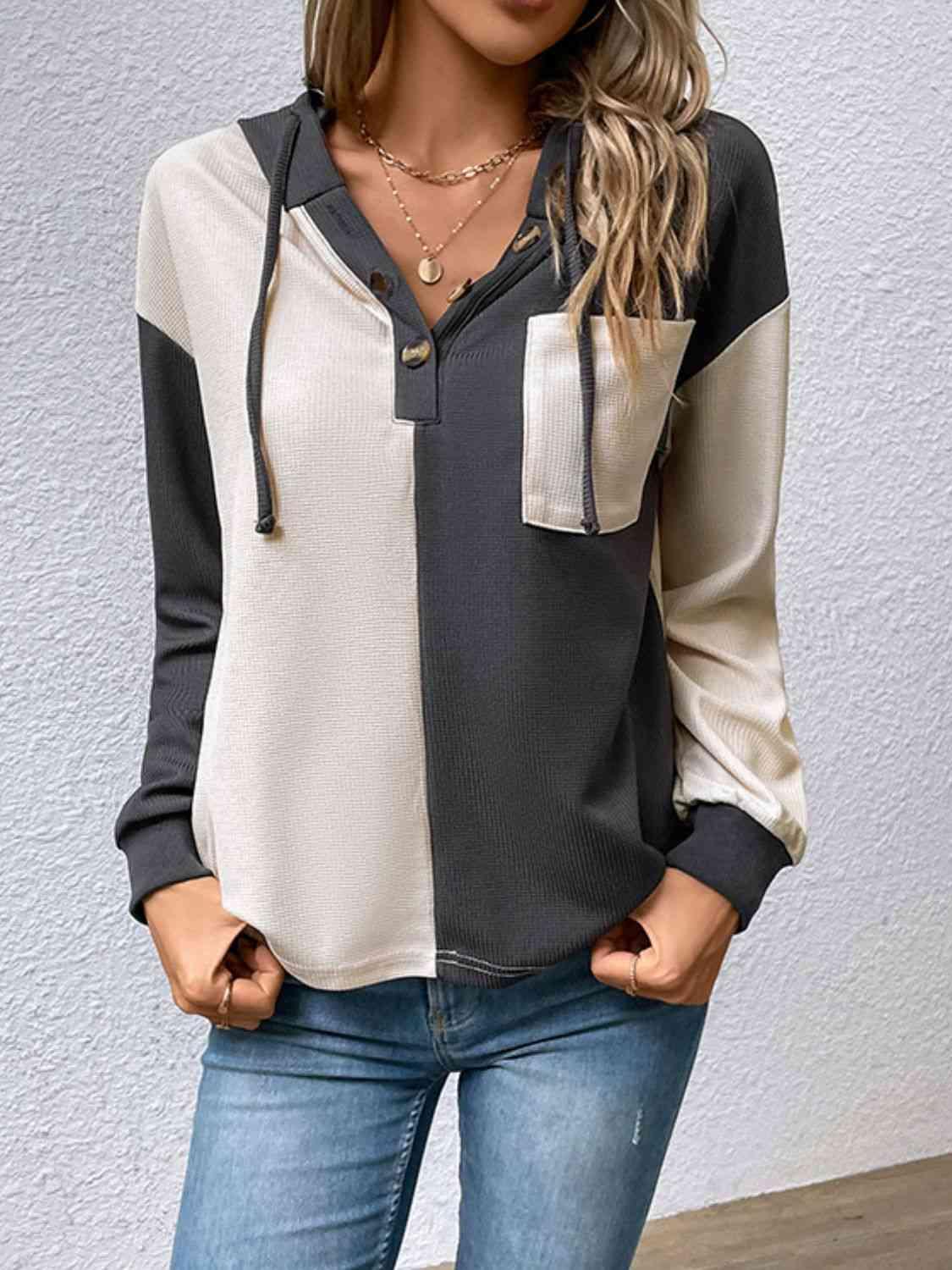 Contrast Color Button-Up Raglan Sleeve Hoodie - Immenzive