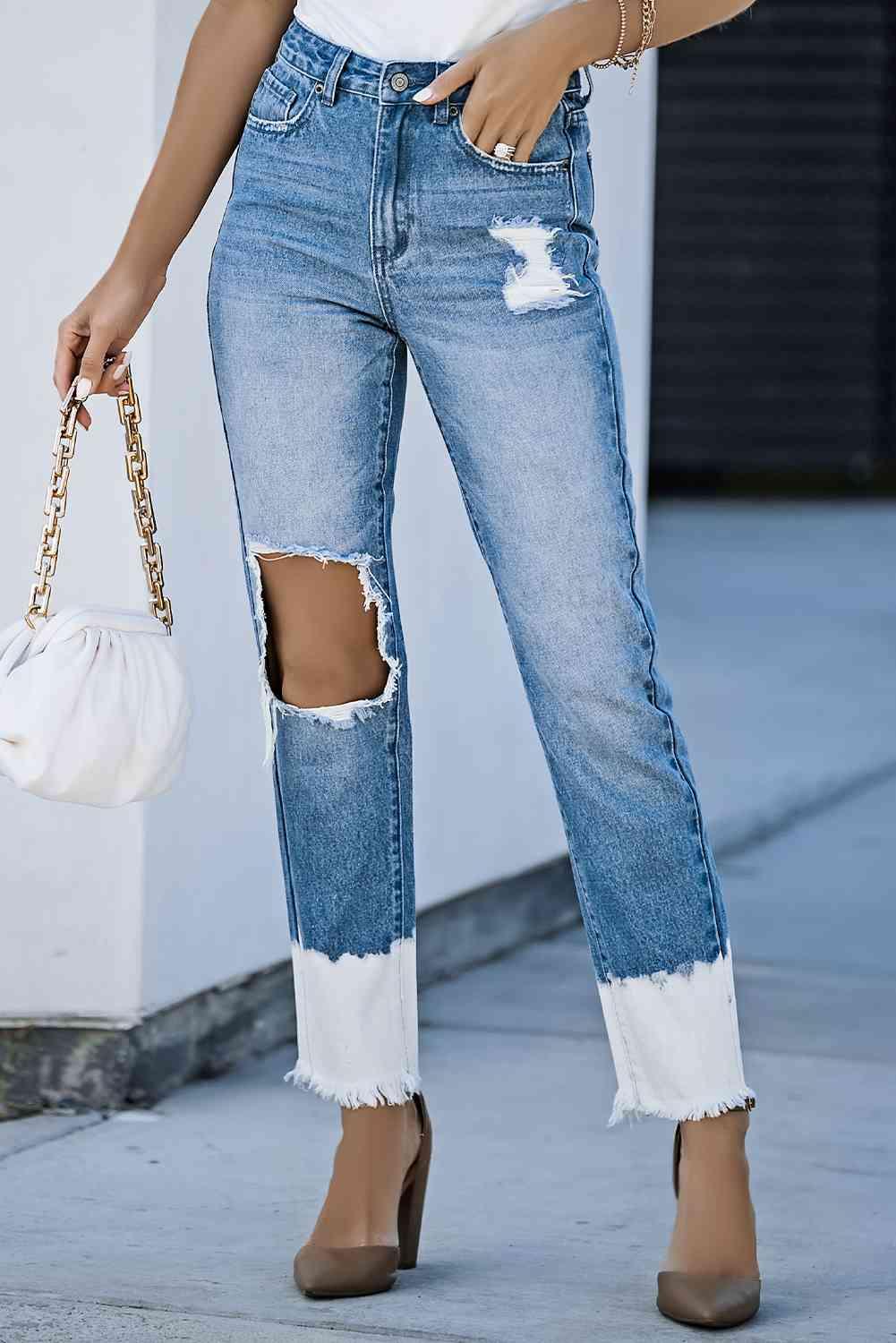 Contrast Distressed High Waist Jeans - Immenzive