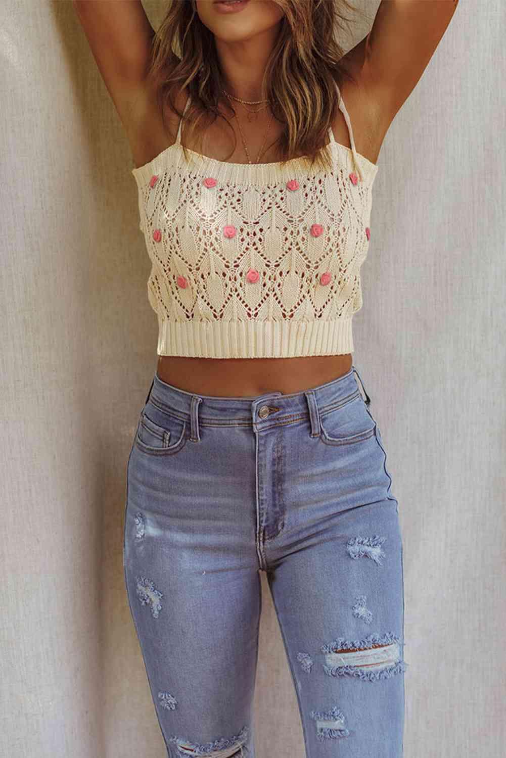 Contrast Flower Detail Tie-Shoulder Knit Crop Top - Immenzive