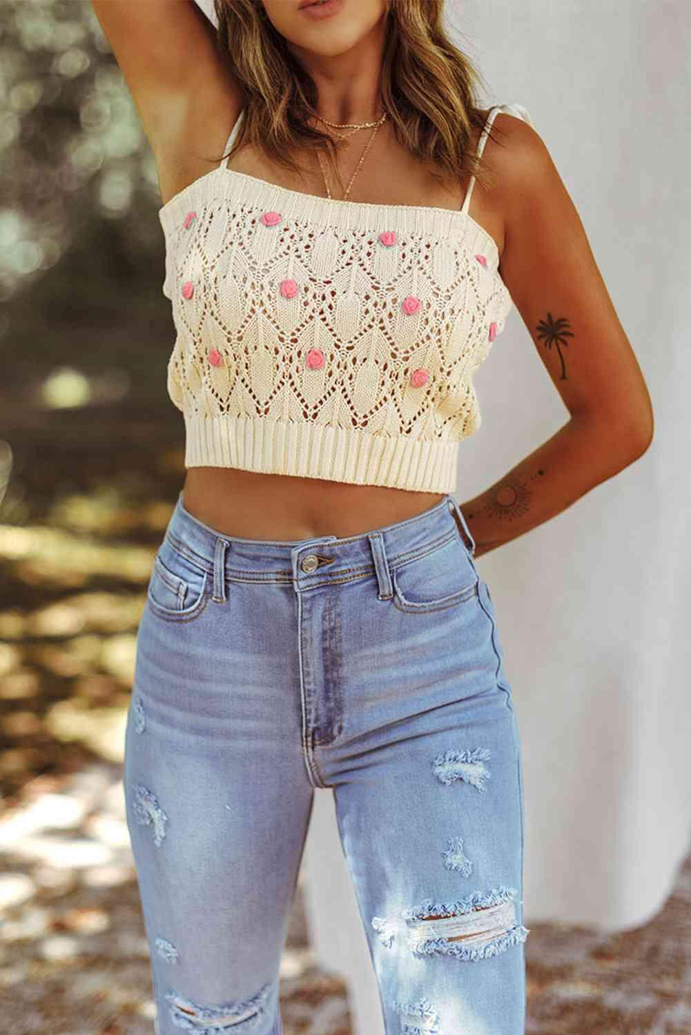 Contrast Flower Detail Tie-Shoulder Knit Crop Top - Immenzive