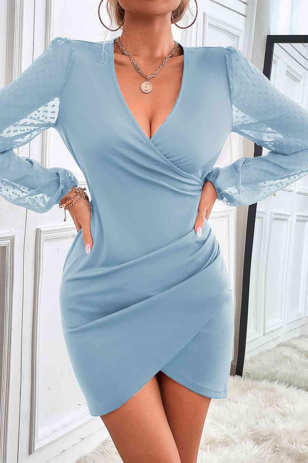 Contrast Mesh Sleeve Wrap Front Dress - Immenzive