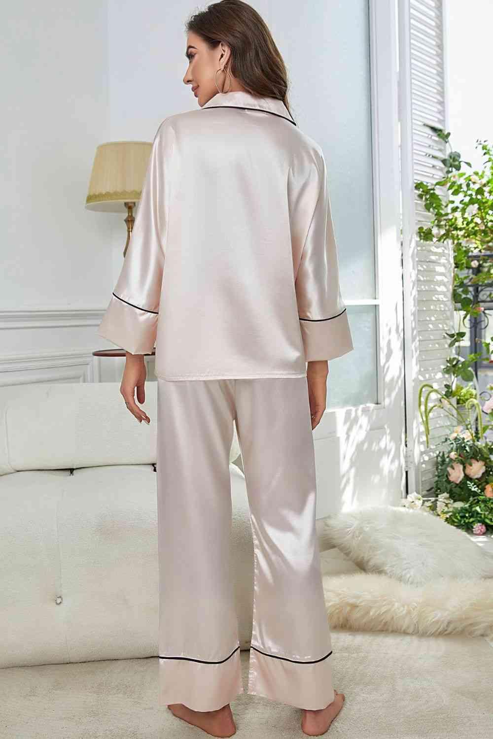 Contrast Piping Button-Up Top and Pants Pajama Set - Immenzive