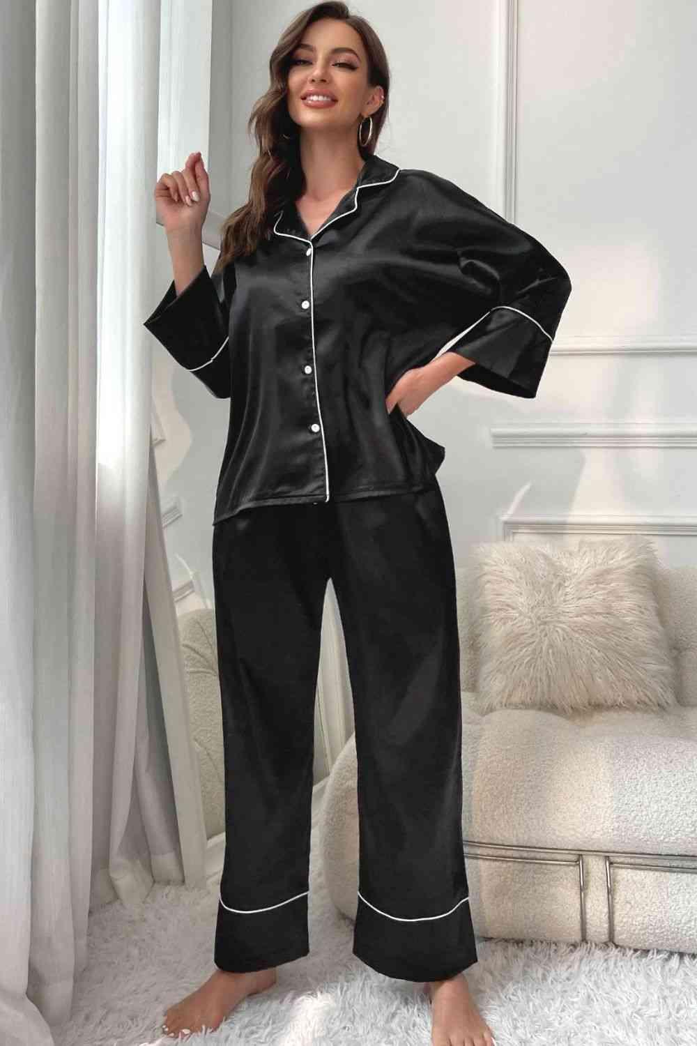 Contrast Piping Button-Up Top and Pants Pajama Set - Immenzive